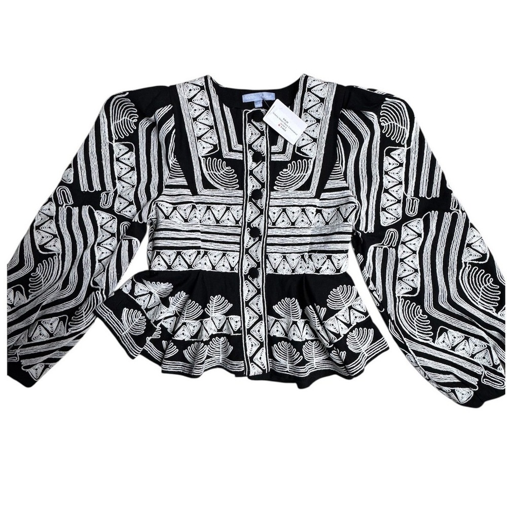 ANTONIO MELANI Black and White Embroidered Peplum Blazer